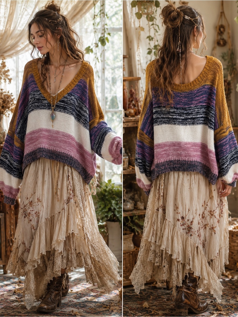 American Threads V-Neck Striped Oversized Boho Fairy Whimsy 4 Tone Sweater Small